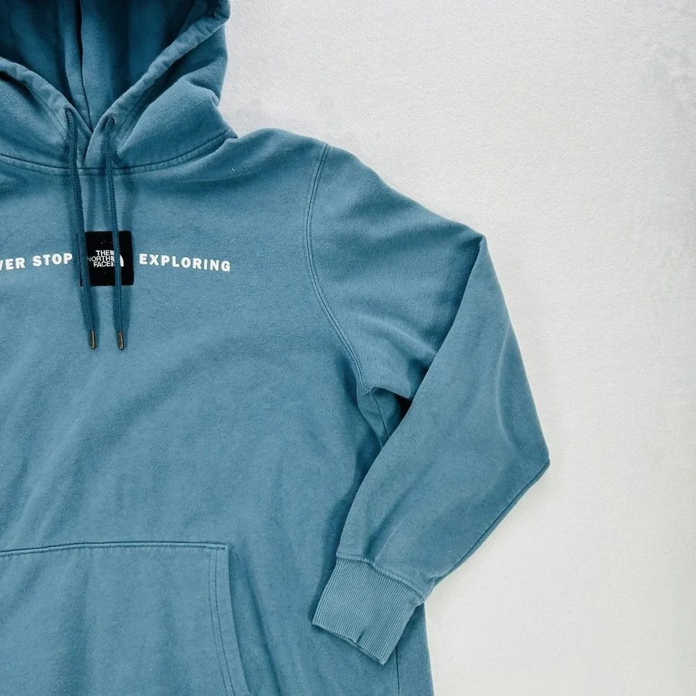 The North Face Hoodie Mens Large Blue Never Stop Exploring Pullover Fleece Logo
